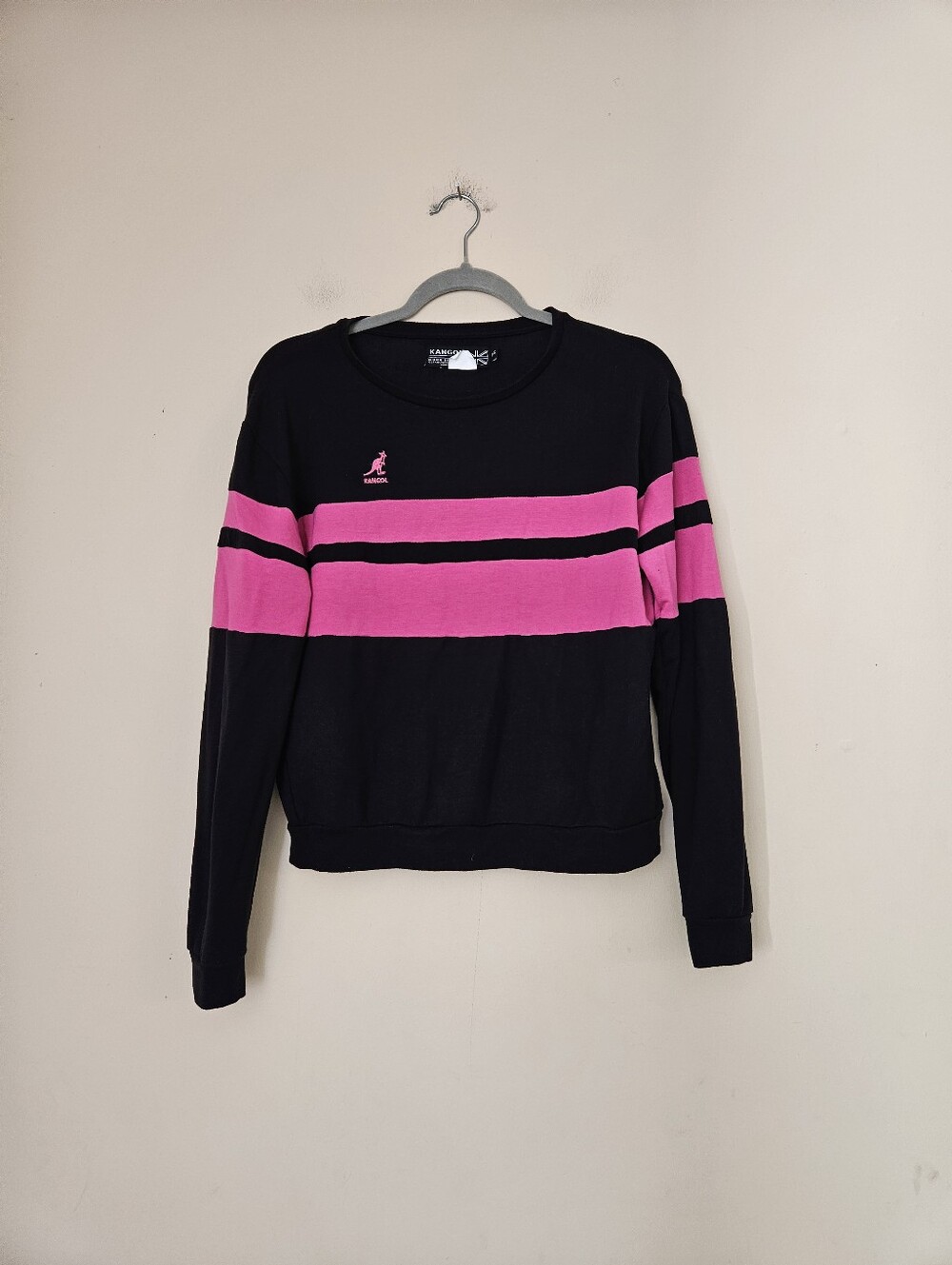 Kangol Women's Black with Hot Pink Stripes Crewneck Sweatshirt, Size Small
